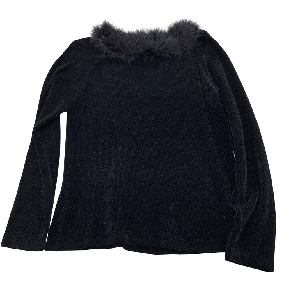 Chicos Sweater Women L/12 Black Feather Collar Luxury Knit Stretch Party VTG